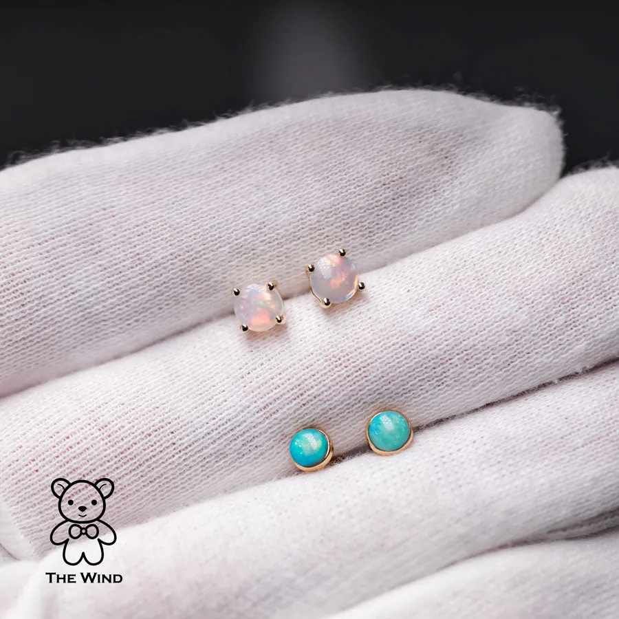 Minimalist Round Shaped Australian Solid Opal Stud Earrings 14K Yellow Gold