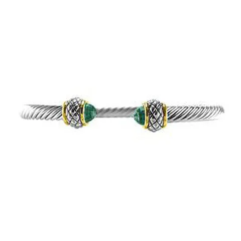 Modern Textured Cable Wire Band Duo Aquamarine Color Crystals Brass Bangle