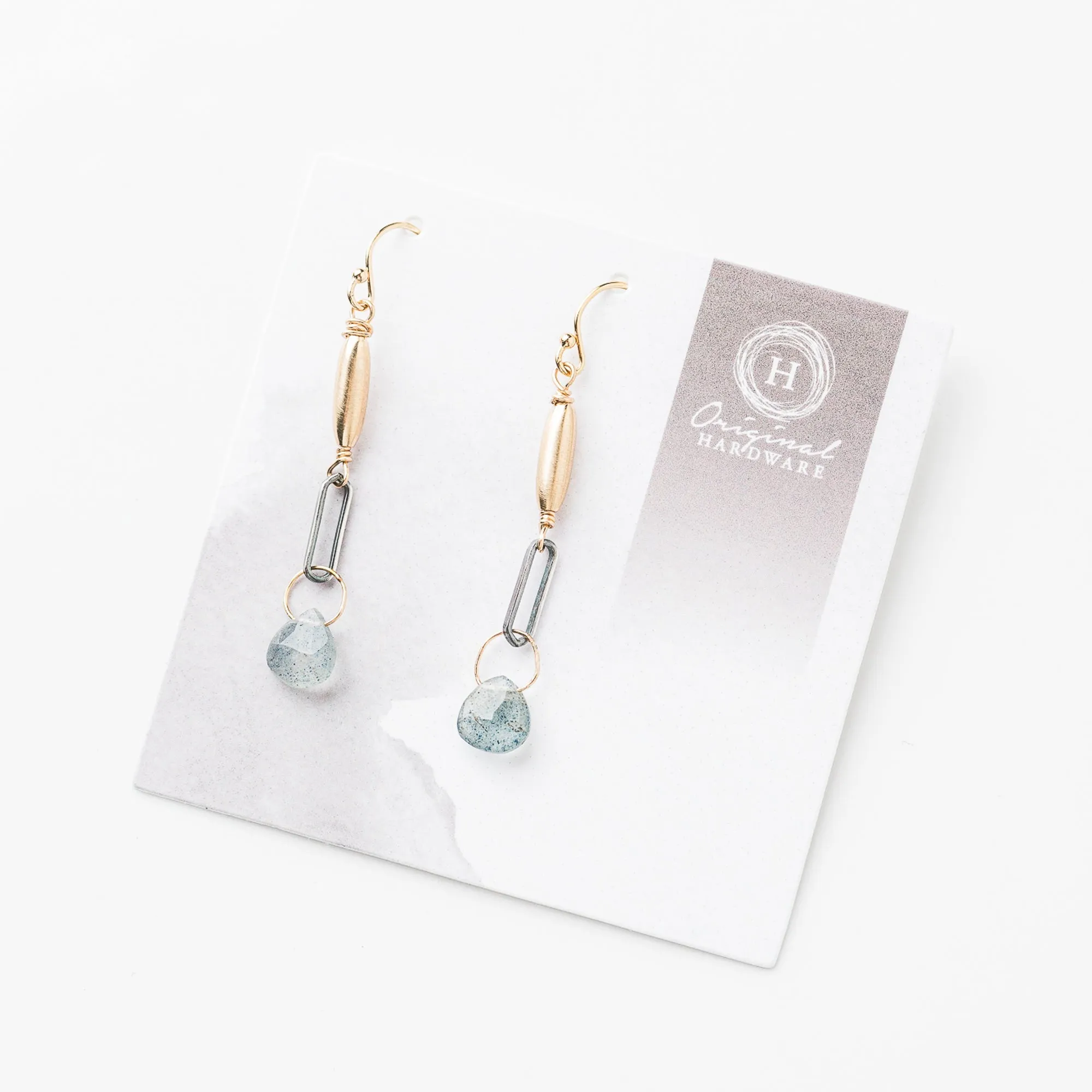 Moss Aquamarine Mixed Metal Tube and Paperclip Earrings