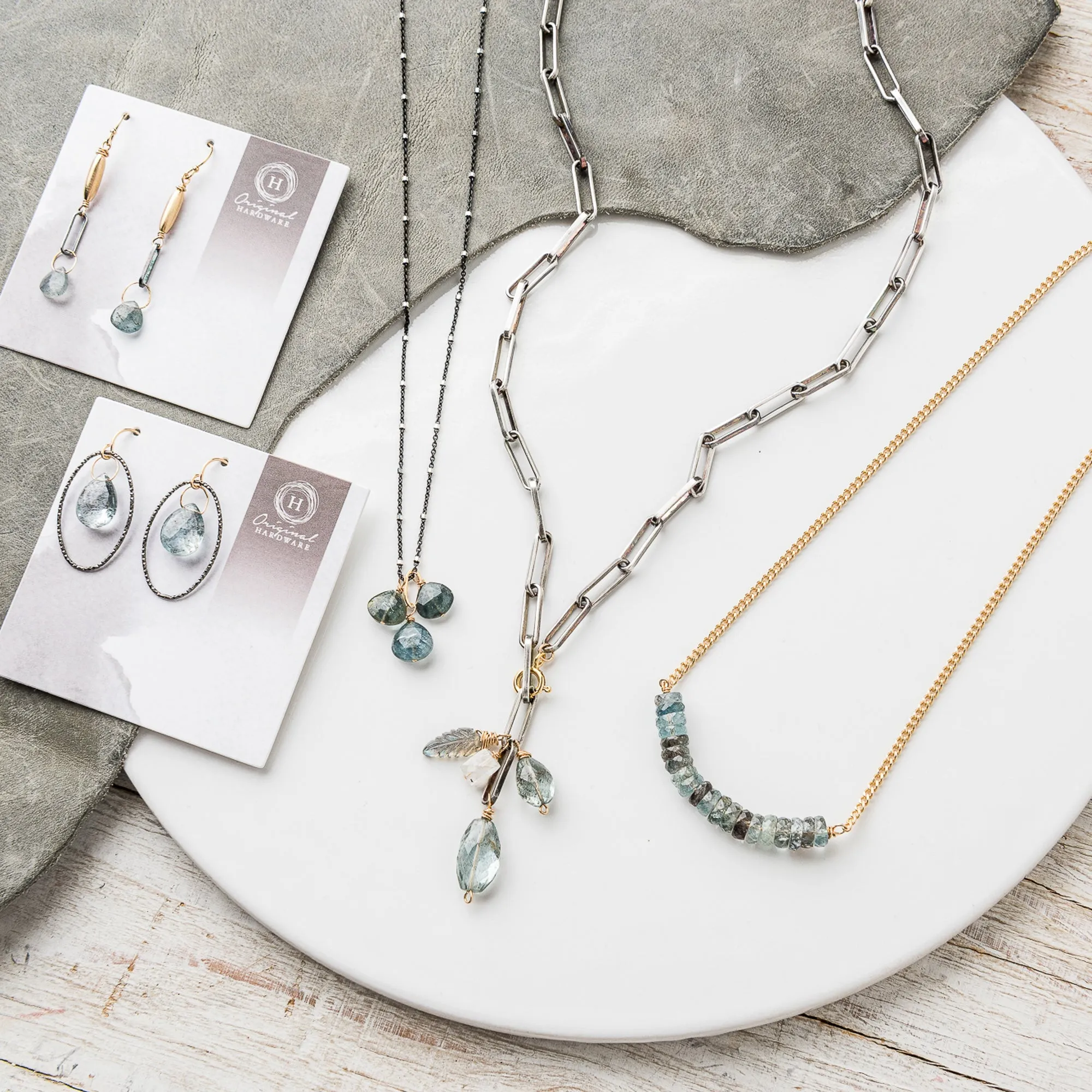 Moss Aquamarine Mixed Metal Tube and Paperclip Earrings