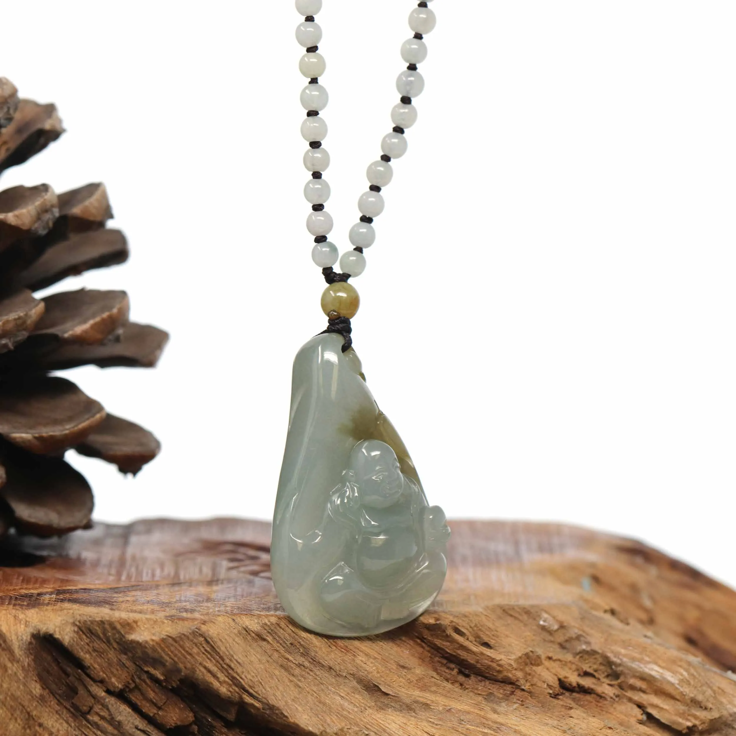 Natural Burmese Translucent Grey & Yellow Jadeite Jade Happy Buddha Carving