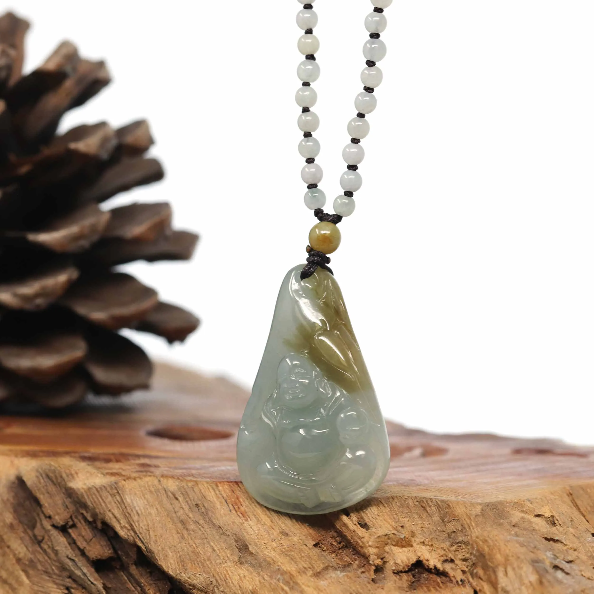 Natural Burmese Translucent Grey & Yellow Jadeite Jade Happy Buddha Carving