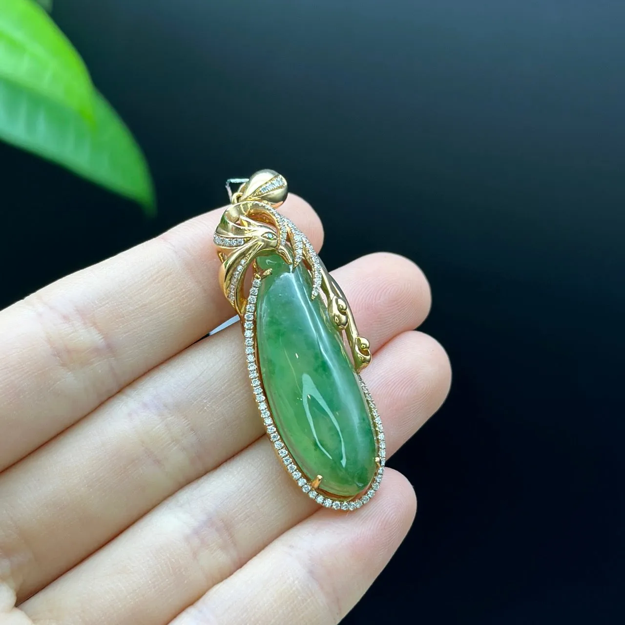 Natural Ice Green Jadeite Jade Shou Tao ( longevity Peach ) Necklace With 18k Rose Gold