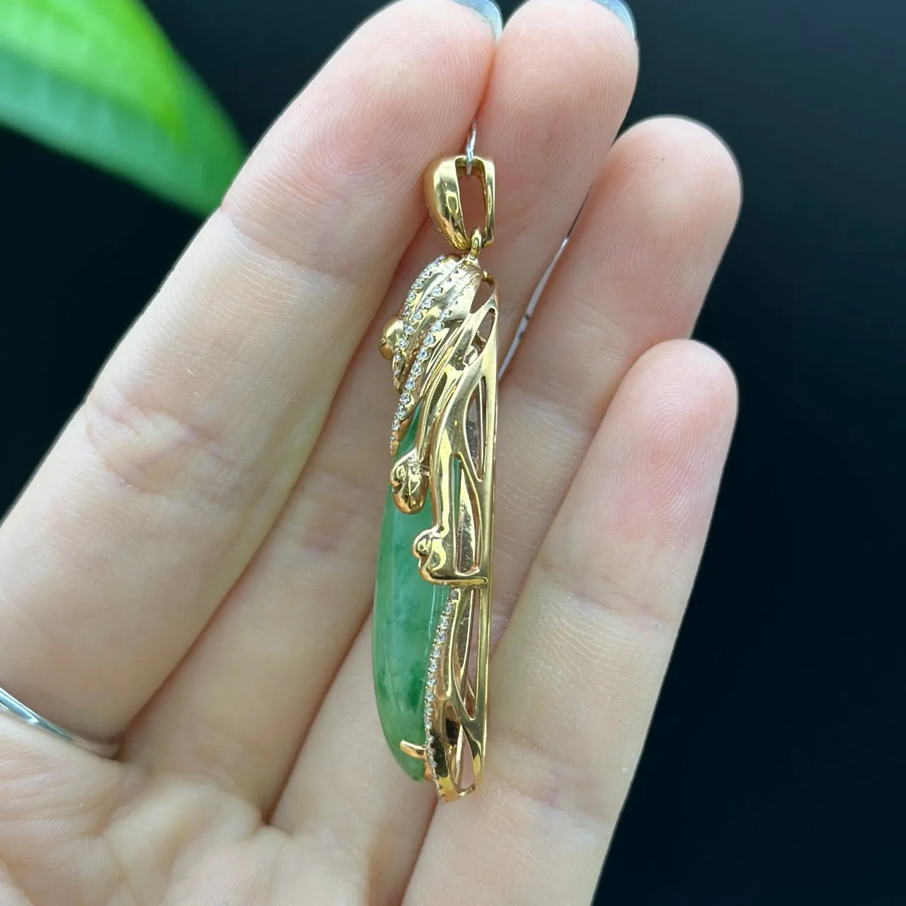 Natural Ice Green Jadeite Jade Shou Tao ( longevity Peach ) Necklace With 18k Rose Gold