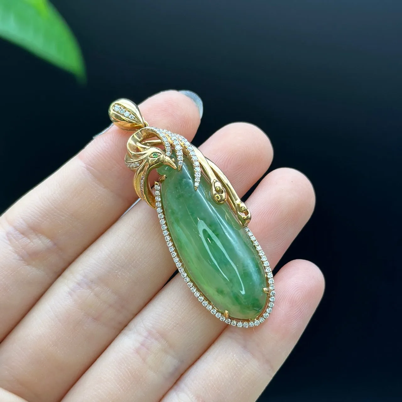Natural Ice Green Jadeite Jade Shou Tao ( longevity Peach ) Necklace With 18k Rose Gold