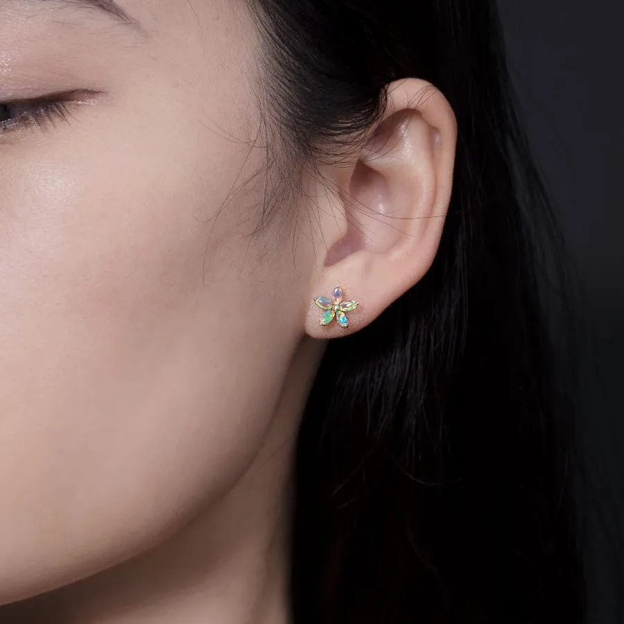 Opal Diamond Sakura Cherry Blossom Flower Stud Earrings 18K Yellow Gold