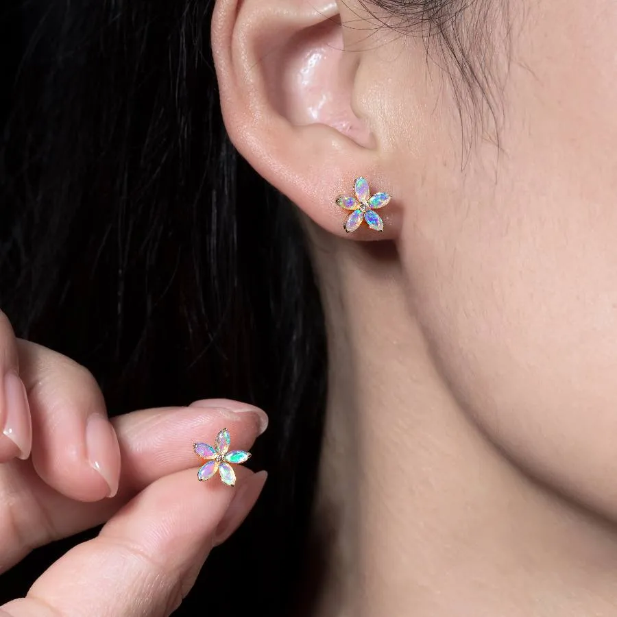 Opal Diamond Sakura Cherry Blossom Flower Stud Earrings 18K Yellow Gold