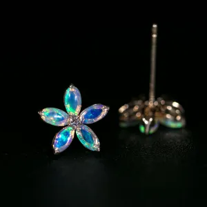 Opal Diamond Sakura Cherry Blossom Flower Stud Earrings 18K Yellow Gold