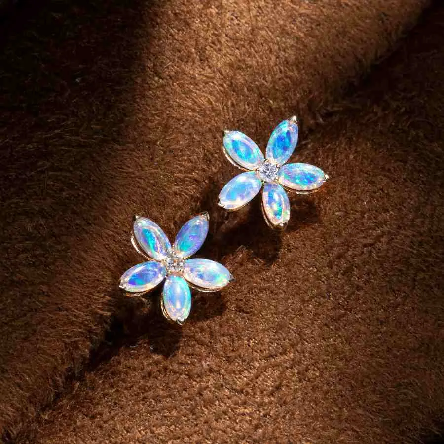 Opal Diamond Sakura Cherry Blossom Flower Stud Earrings 18K Yellow Gold