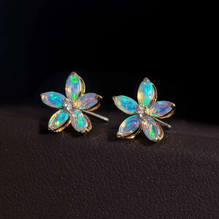 Opal Diamond Sakura Cherry Blossom Flower Stud Earrings 18K Yellow Gold