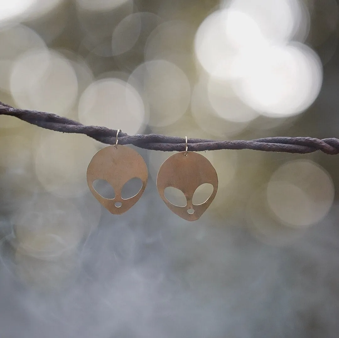 Outer Space Alien Silhouette Earrings in Brass