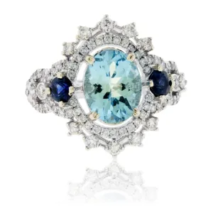 Oval-Cut Aquamarine, Sapphire & Diamond Halo Ring