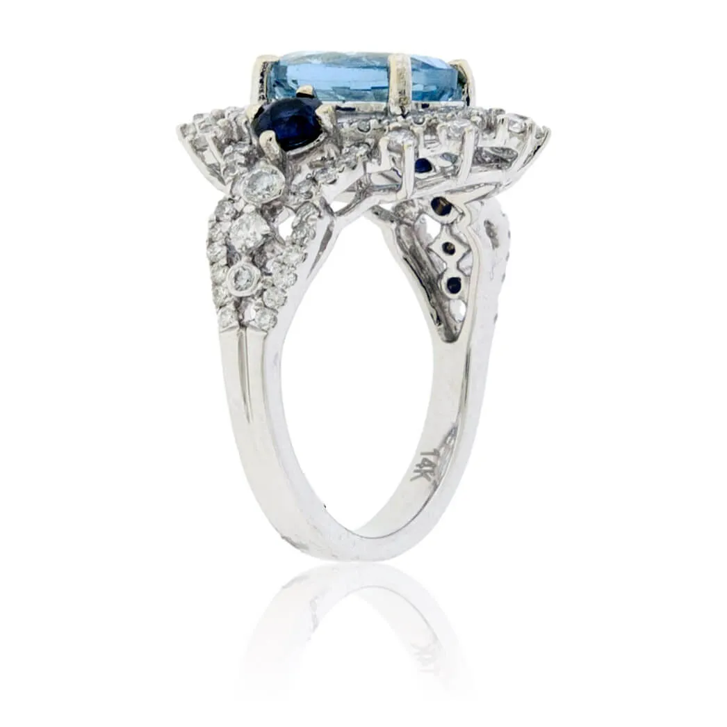 Oval-Cut Aquamarine, Sapphire & Diamond Halo Ring