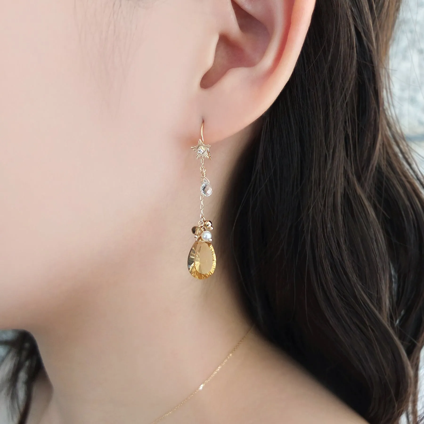 [Palette] 18K/10K Yellow Gold Champagne Quartz Charm Set Earrings [Ornament]