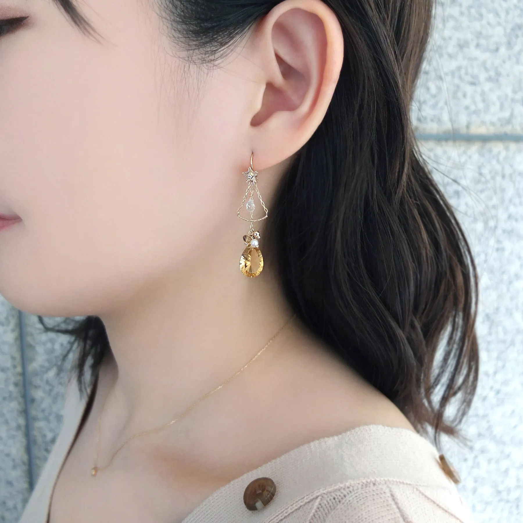 [Palette] 18K/10K Yellow Gold Champagne Quartz Charm Set Earrings [Ornament]