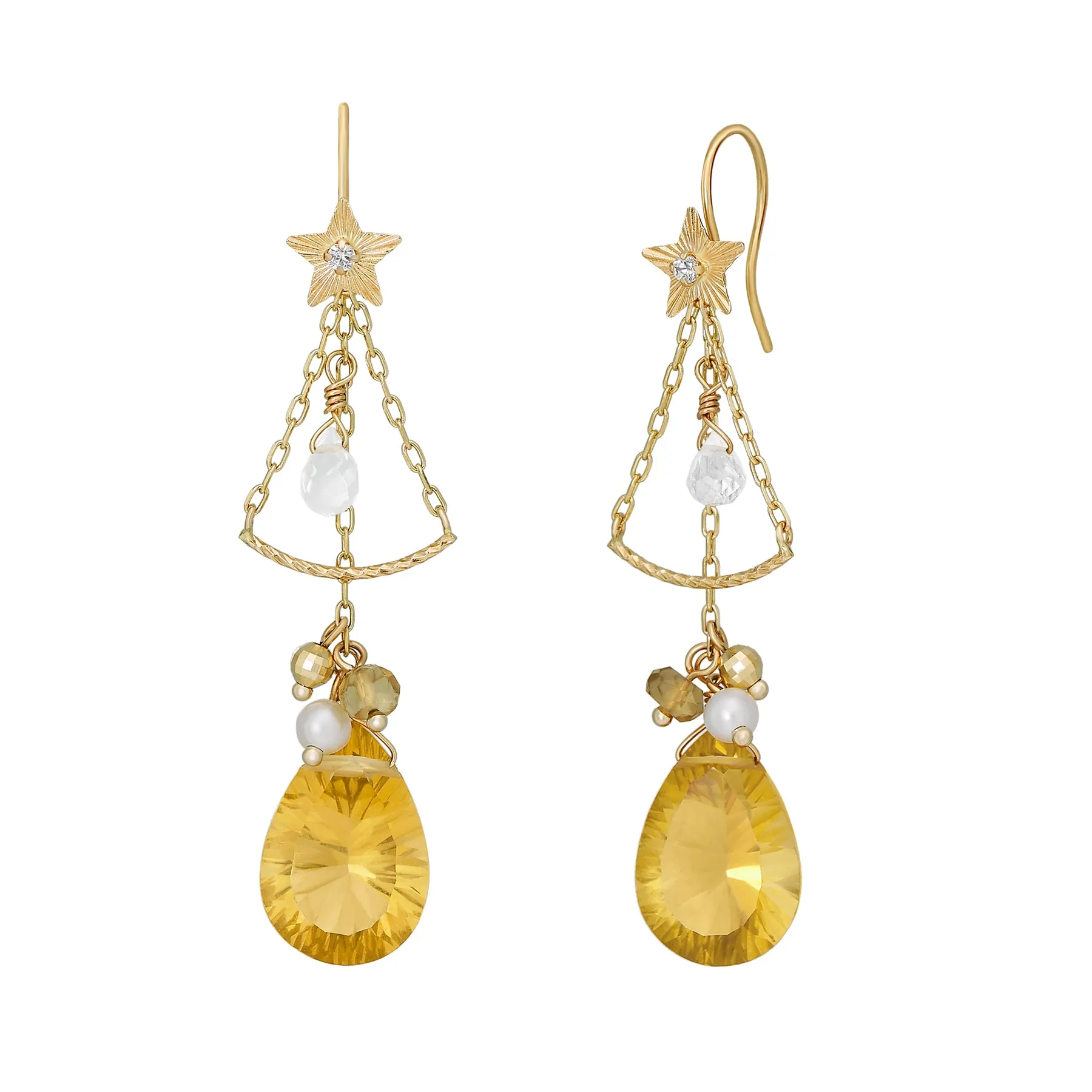 [Palette] 18K/10K Yellow Gold Champagne Quartz Charm Set Earrings [Ornament]