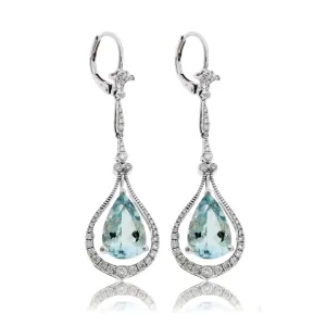 Pear Shaped Aquamarine and Diamond Drop Earrings