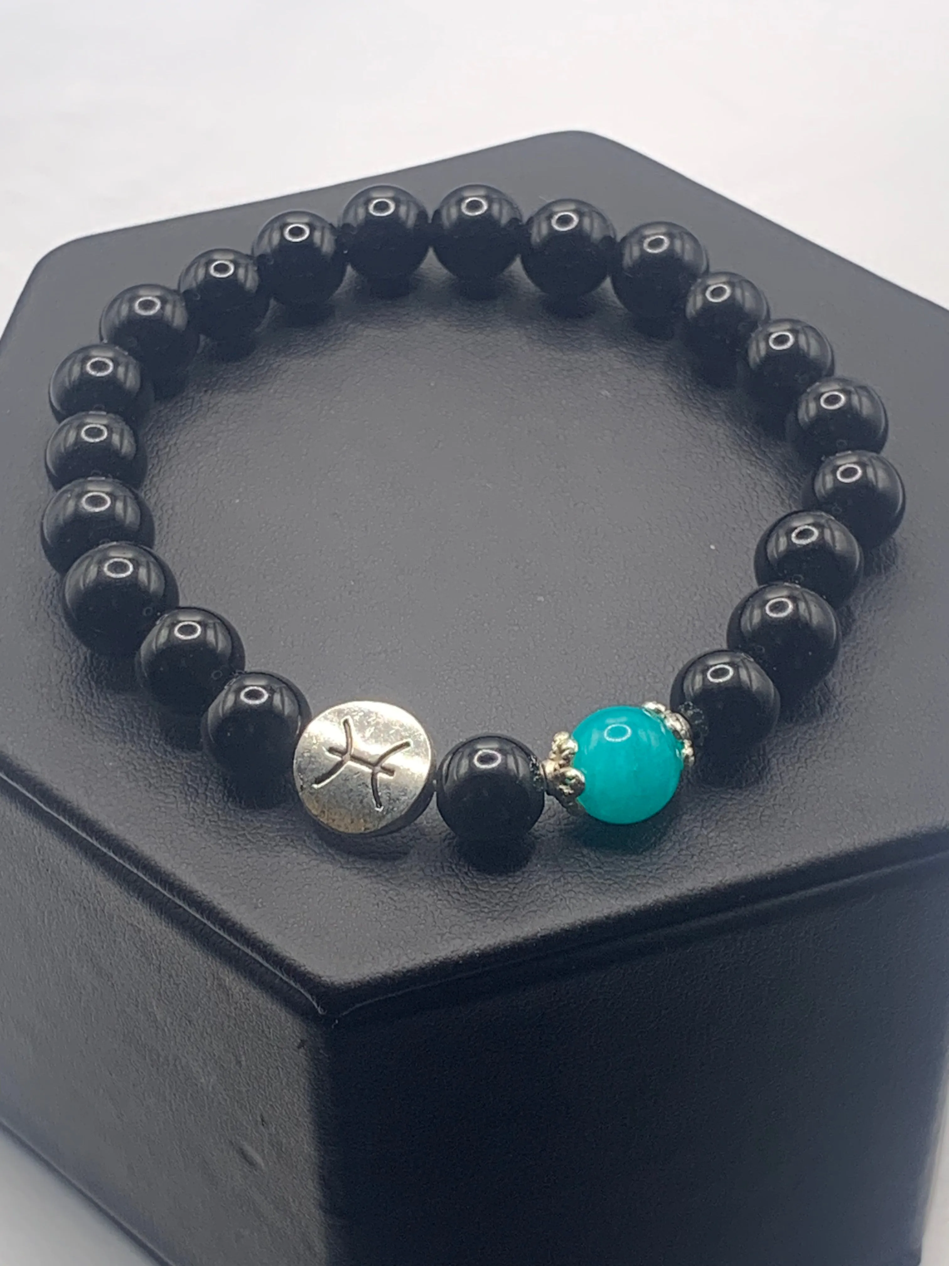 Pisces Zodiac black obsidian with aquamarine chalcedony elastic beaded bracelet with silver accents