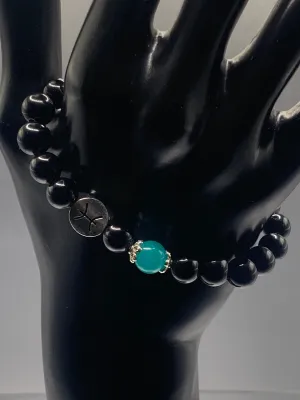 Pisces Zodiac black obsidian with aquamarine chalcedony elastic beaded bracelet with silver accents