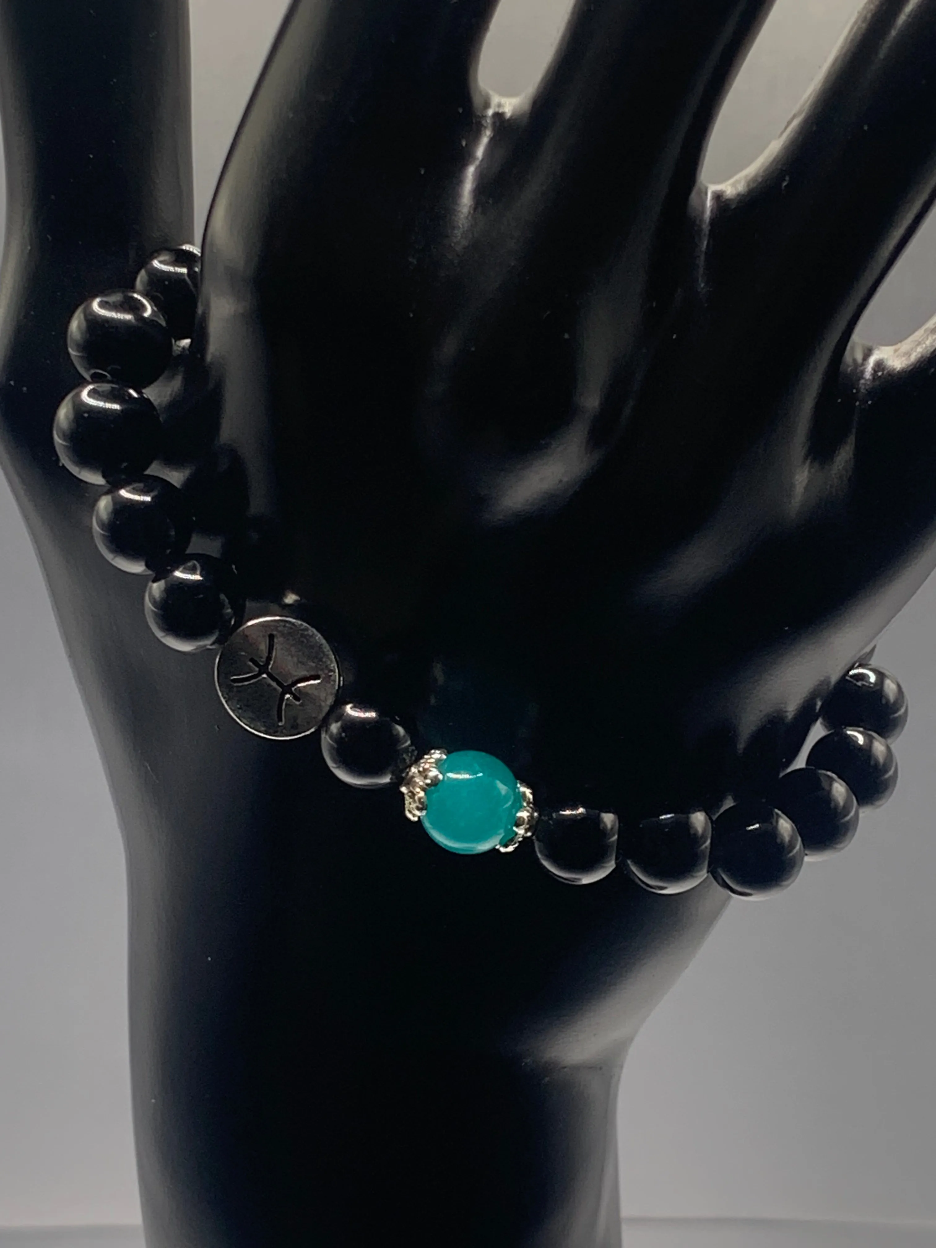 Pisces Zodiac black obsidian with aquamarine chalcedony elastic beaded bracelet with silver accents