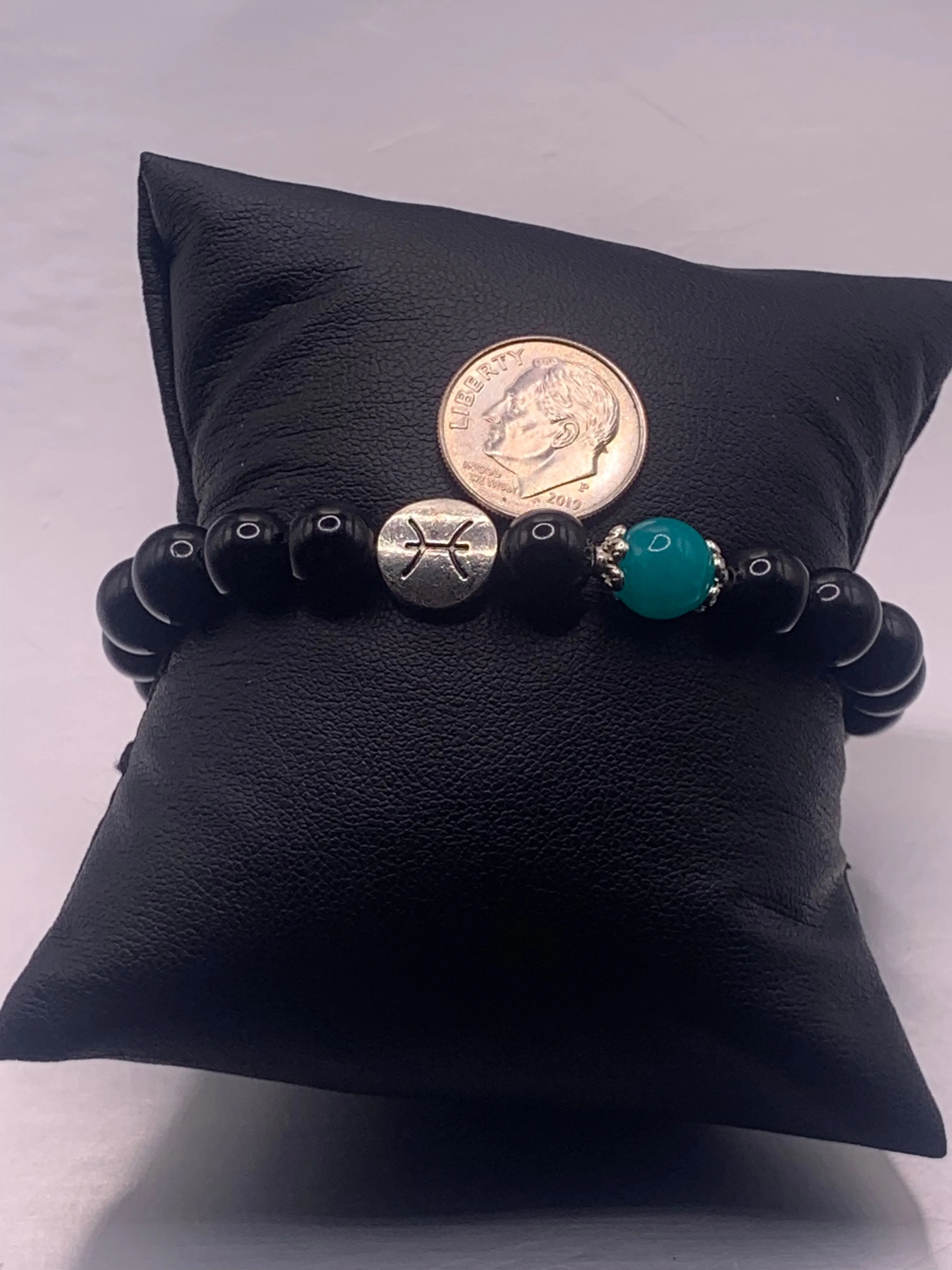 Pisces Zodiac black obsidian with aquamarine chalcedony elastic beaded bracelet with silver accents
