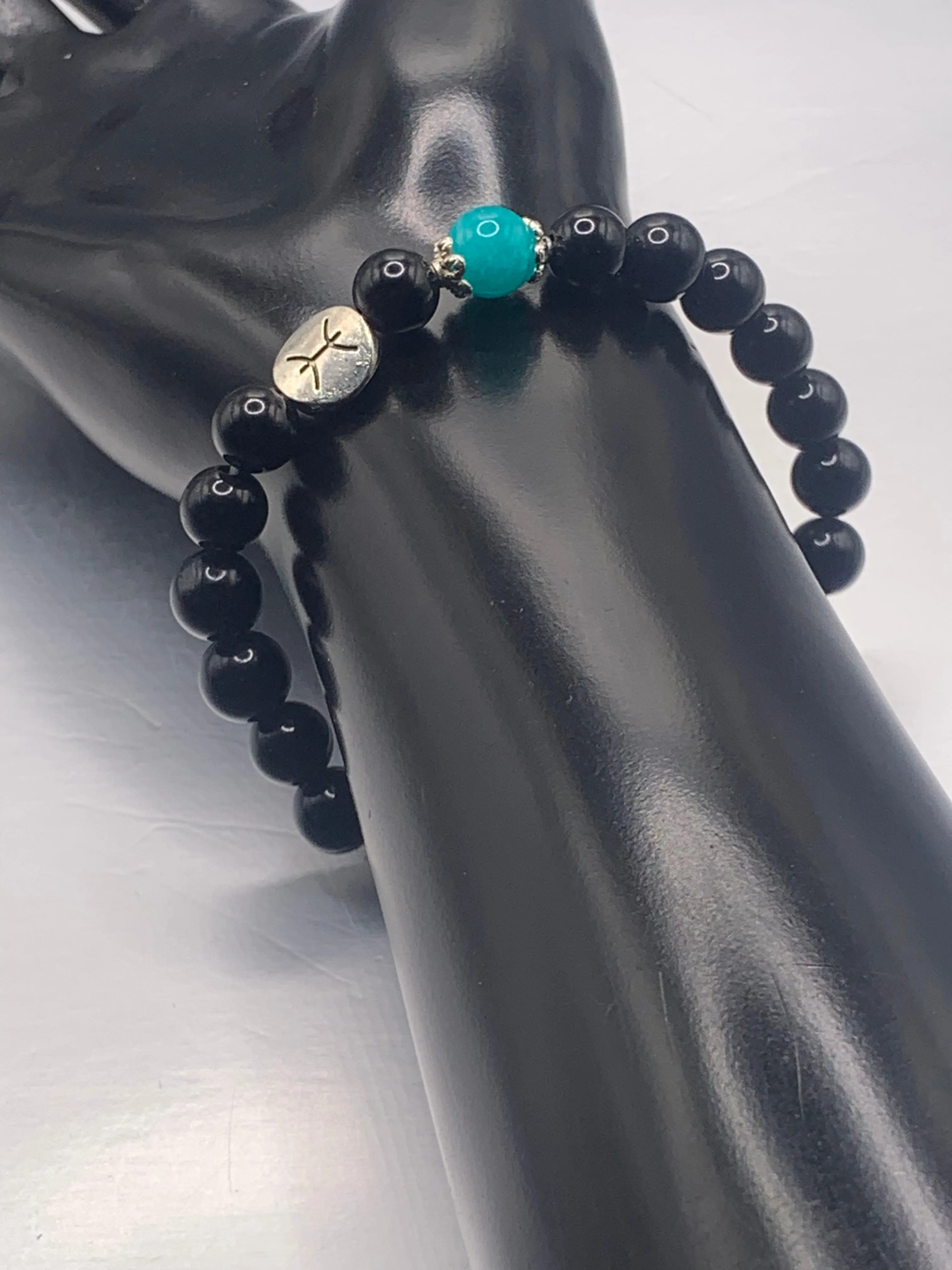 Pisces Zodiac black obsidian with aquamarine chalcedony elastic beaded bracelet with silver accents