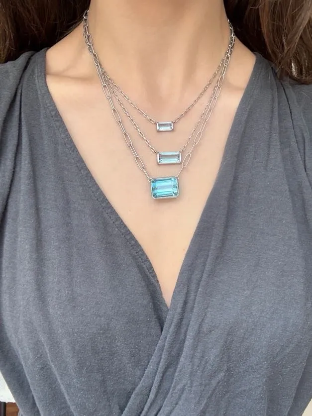 Platinum Aquamarine Bezel Set Pendant Necklace