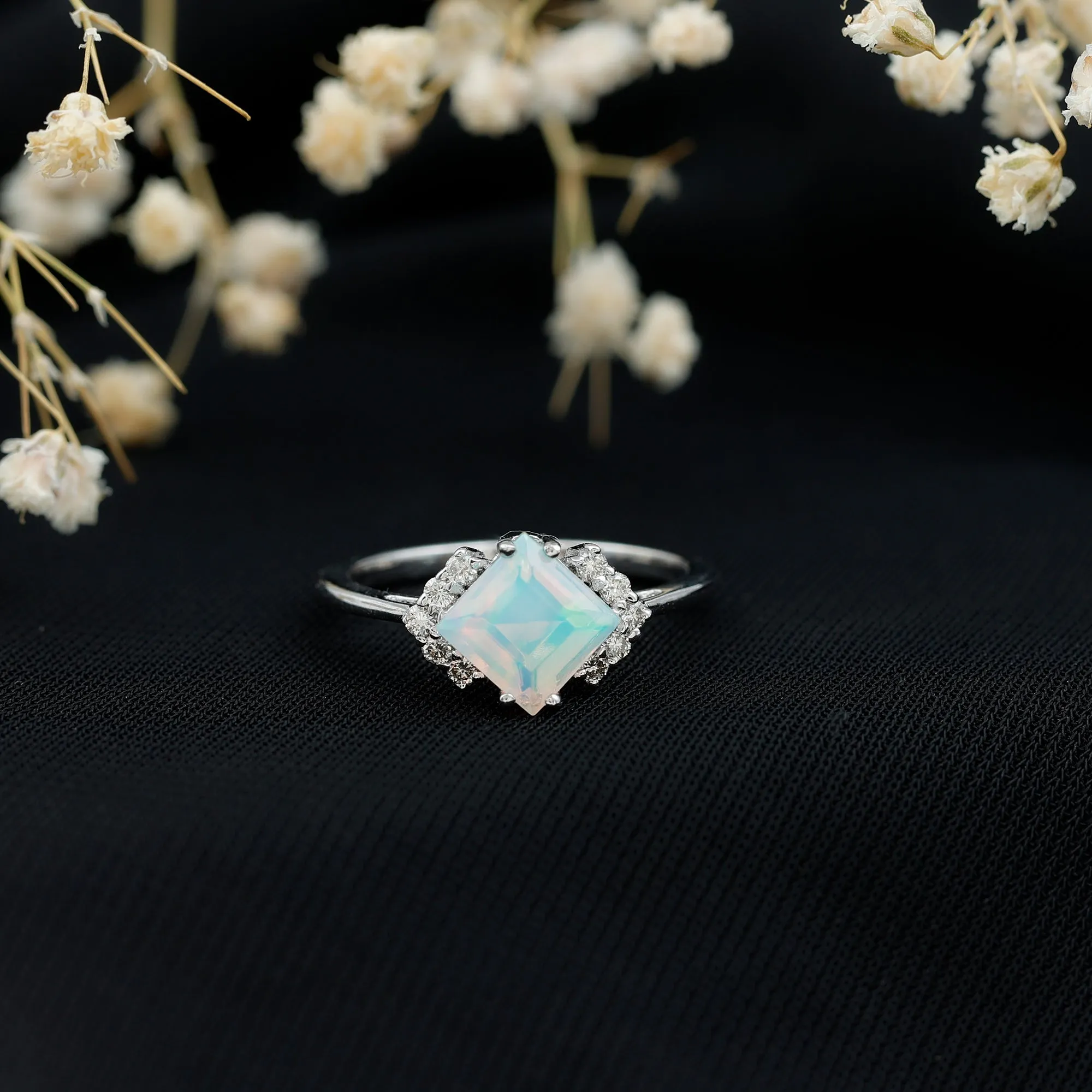Princess Cut Ethiopian Opal Engagement Ring with Diamond