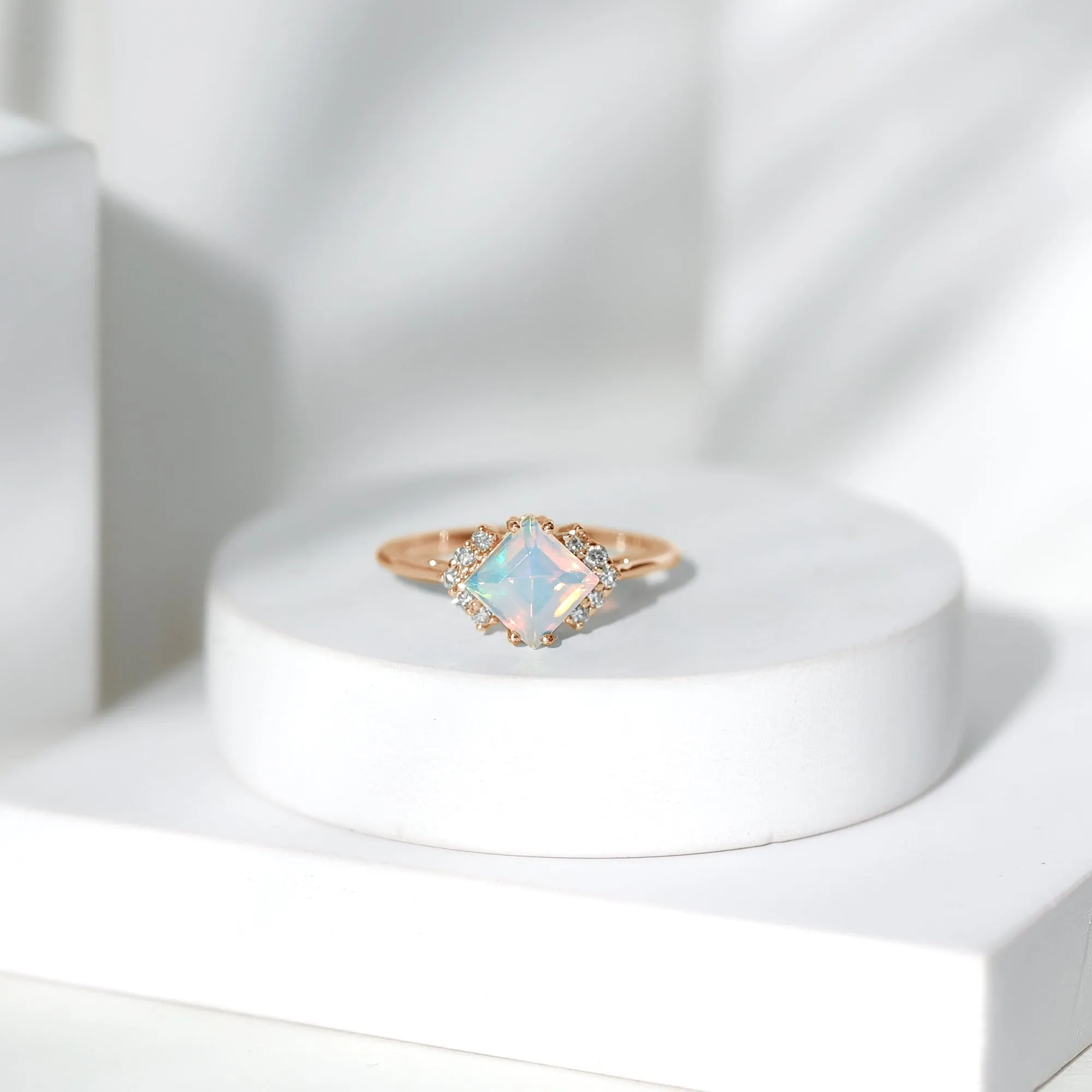 Princess Cut Ethiopian Opal Engagement Ring with Diamond