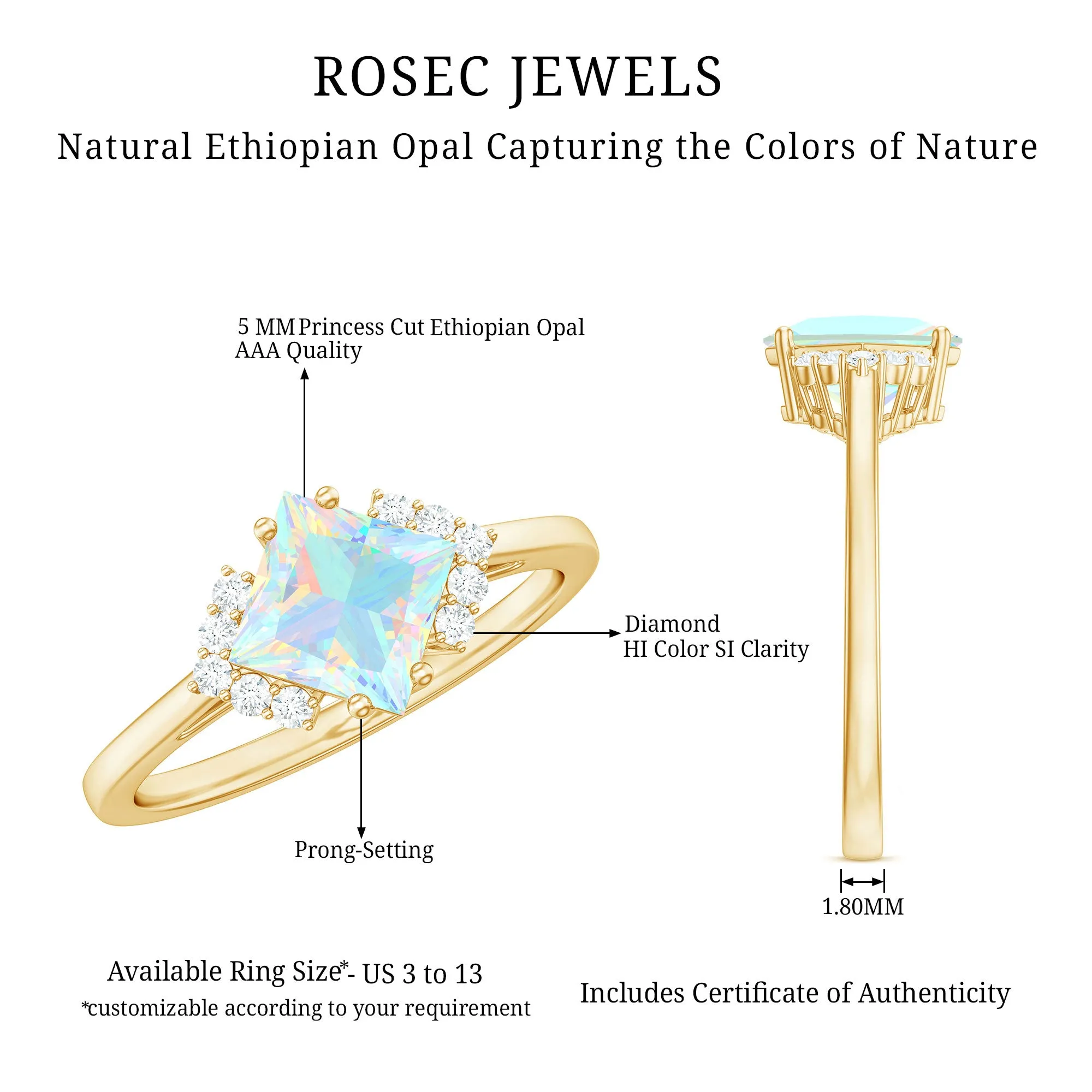 Princess Cut Ethiopian Opal Engagement Ring with Diamond