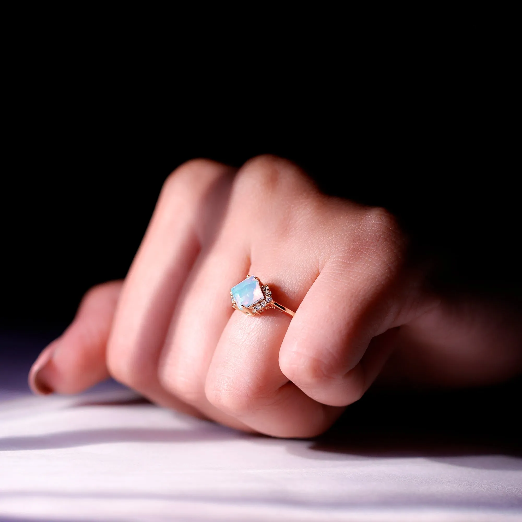 Princess Cut Ethiopian Opal Engagement Ring with Diamond