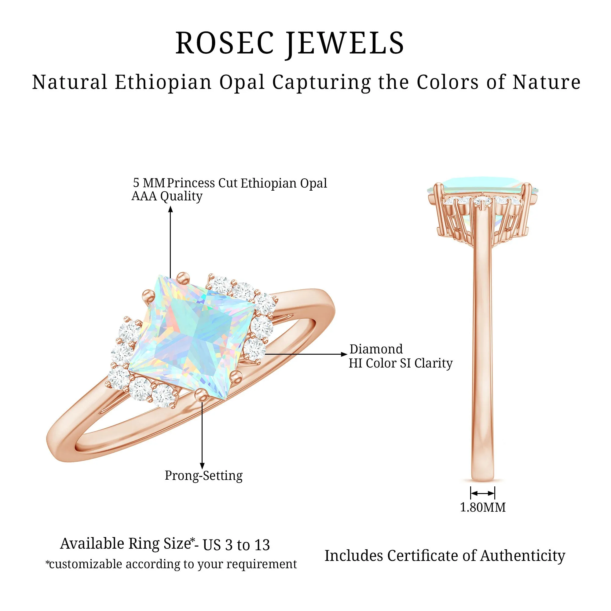 Princess Cut Ethiopian Opal Engagement Ring with Diamond