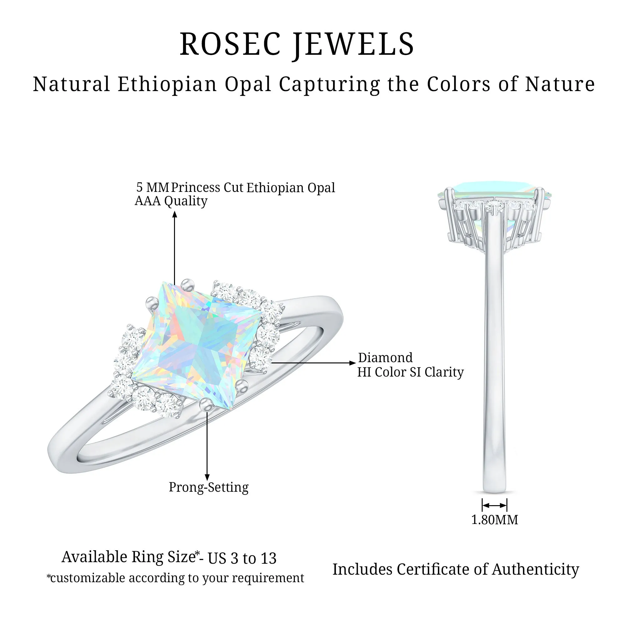 Princess Cut Ethiopian Opal Engagement Ring with Diamond