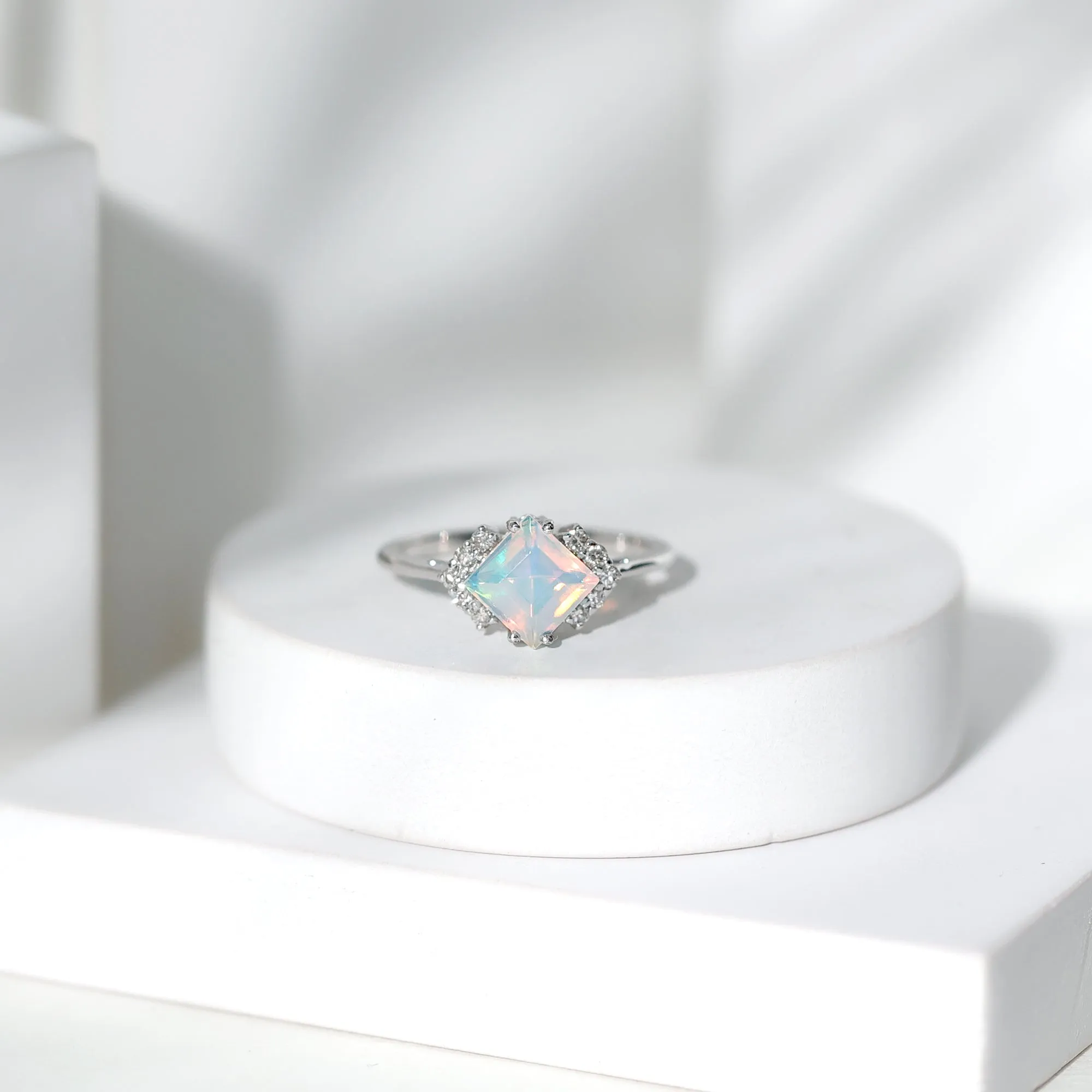 Princess Cut Ethiopian Opal Engagement Ring with Diamond