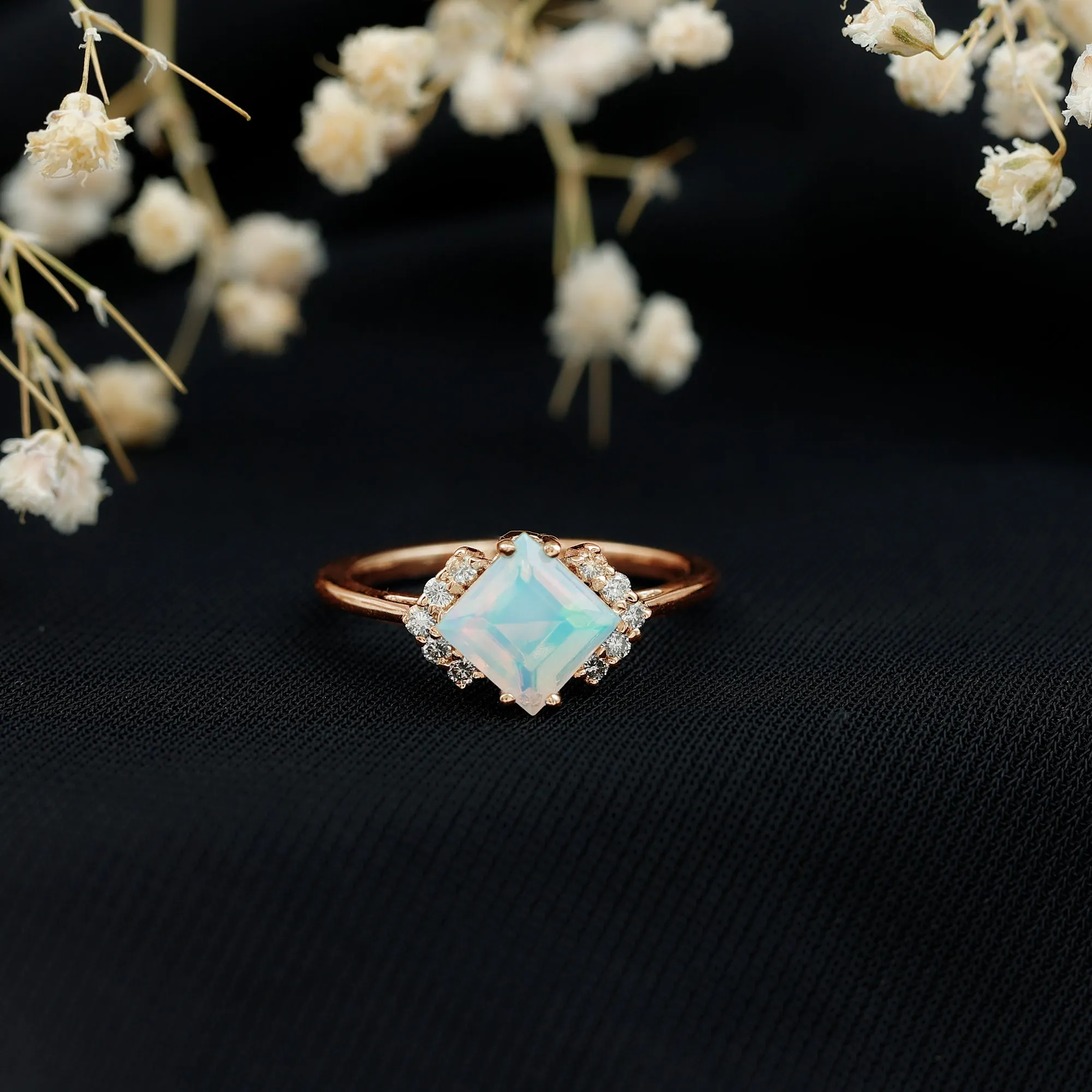 Princess Cut Ethiopian Opal Engagement Ring with Diamond