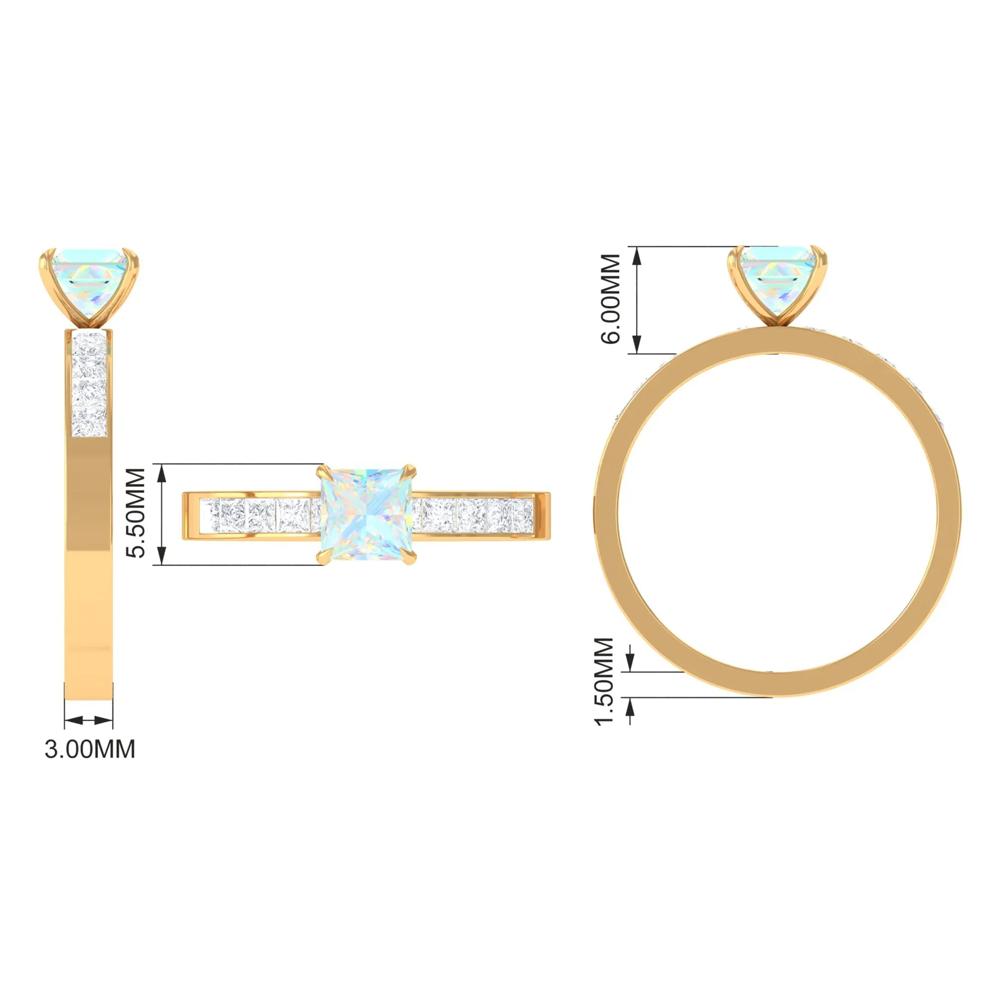 Princess Cut Ethiopian Opal Solitaire Ring with Diamond Side Stones