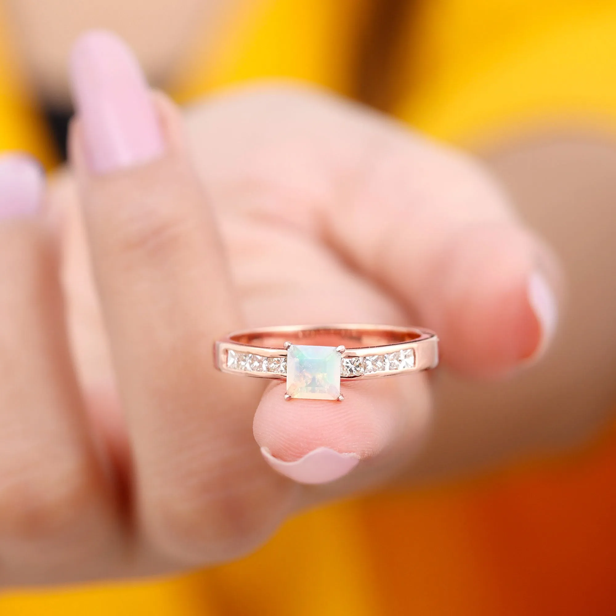Princess Cut Ethiopian Opal Solitaire Ring with Diamond Side Stones