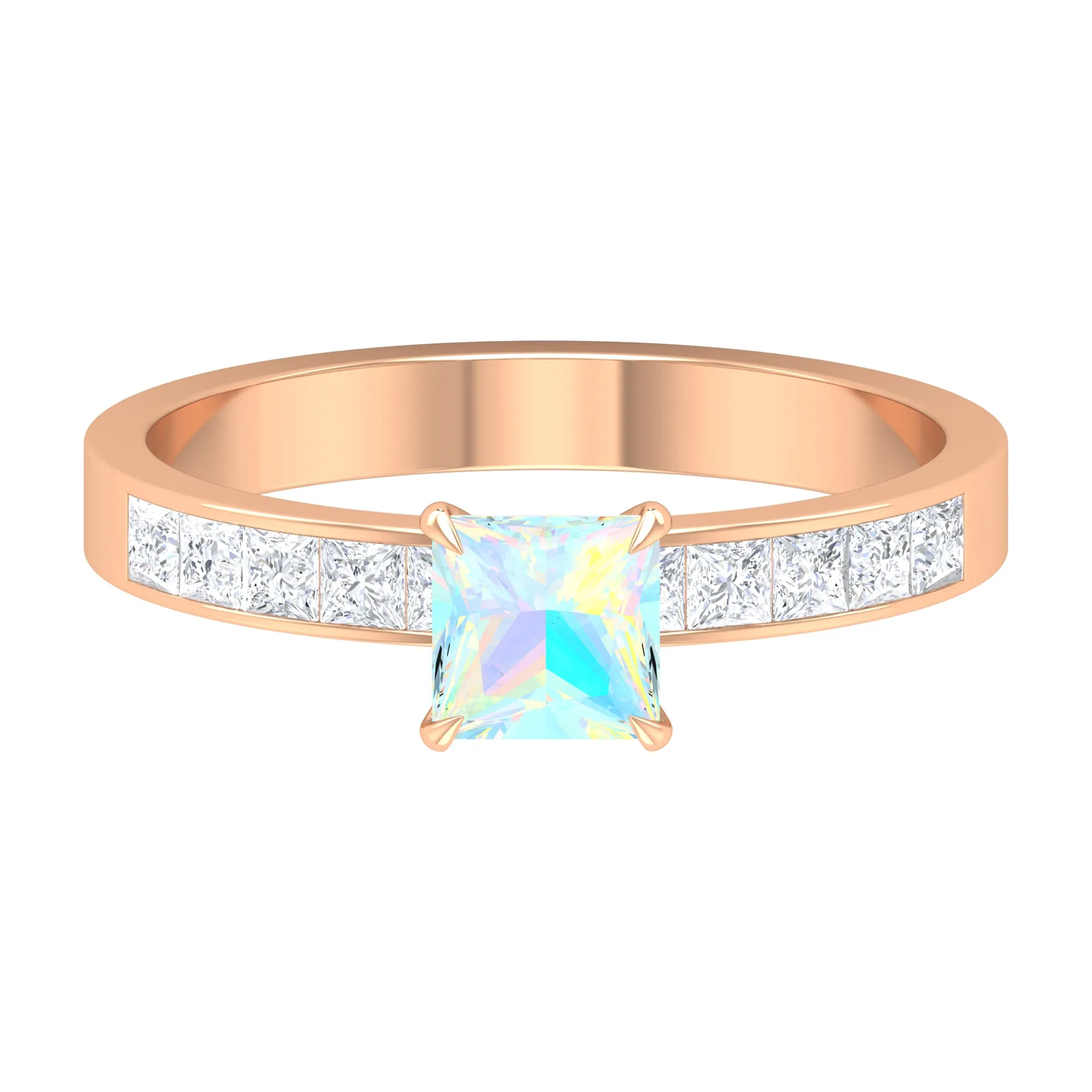 Princess Cut Ethiopian Opal Solitaire Ring with Diamond Side Stones