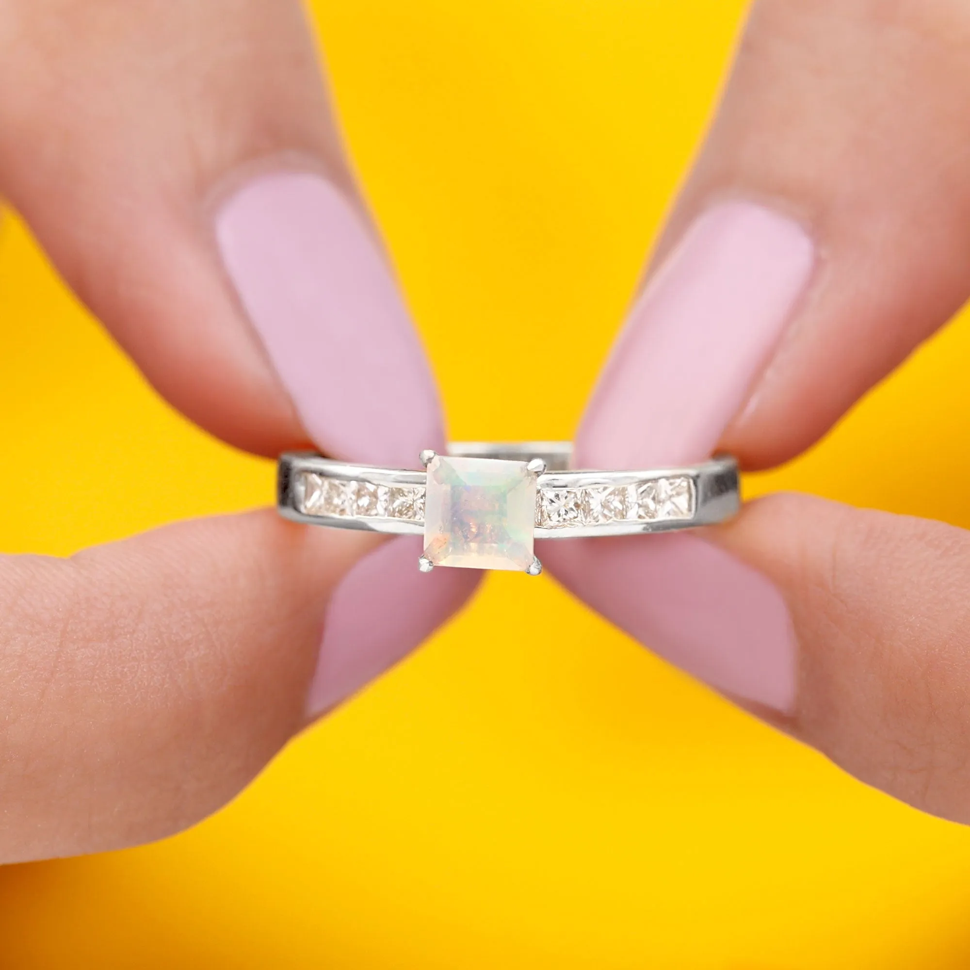 Princess Cut Ethiopian Opal Solitaire Ring with Diamond Side Stones