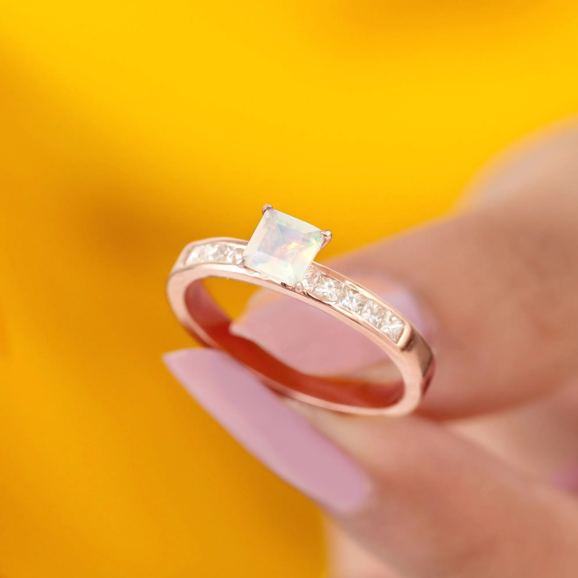 Princess Cut Ethiopian Opal Solitaire Ring with Diamond Side Stones