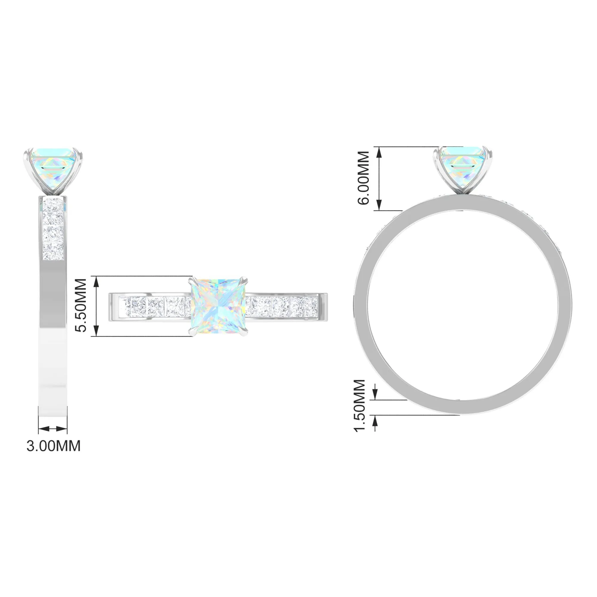 Princess Cut Ethiopian Opal Solitaire Ring with Diamond Side Stones