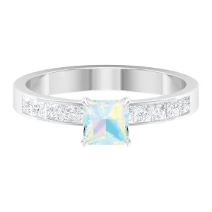 Princess Cut Ethiopian Opal Solitaire Ring with Diamond Side Stones