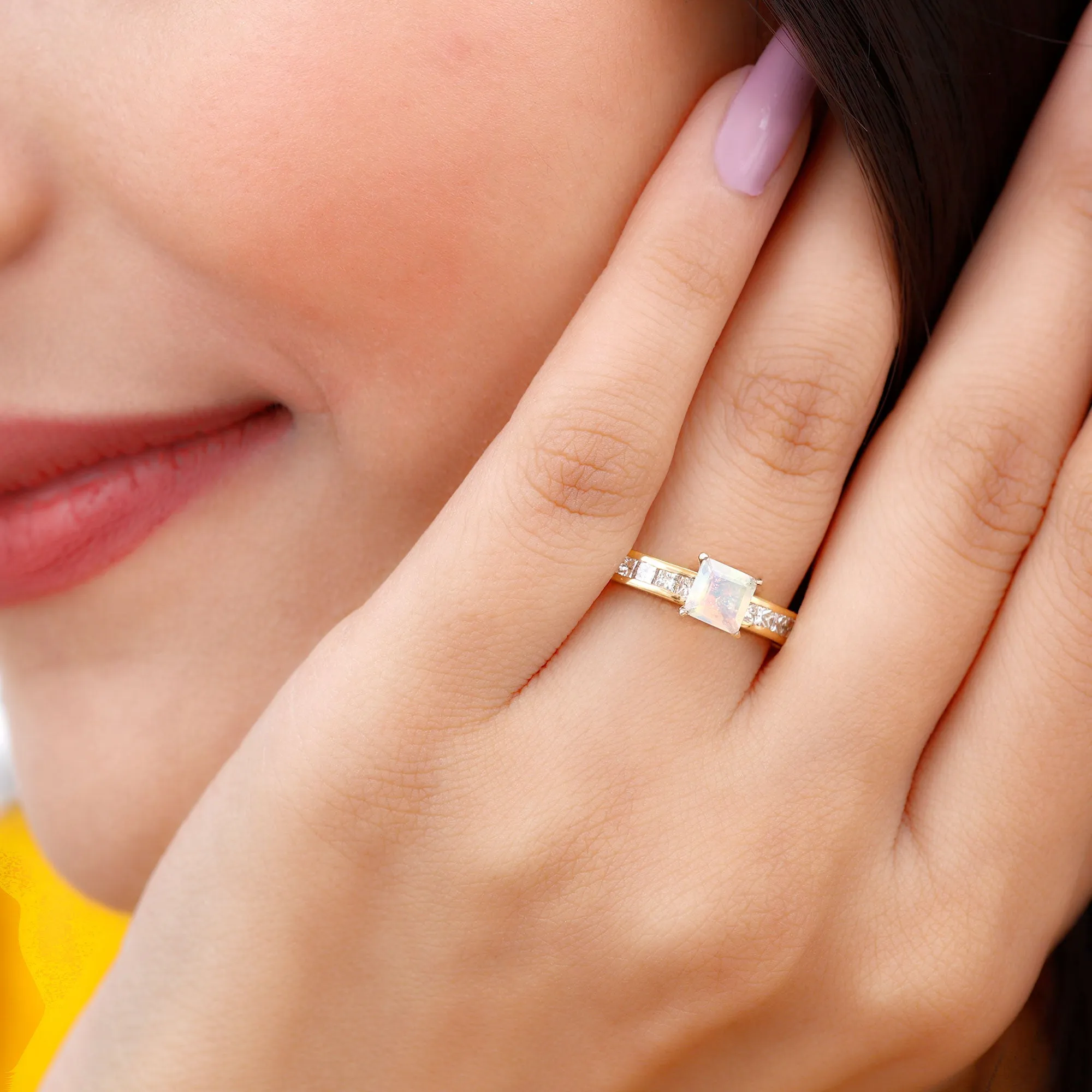 Princess Cut Ethiopian Opal Solitaire Ring with Diamond Side Stones