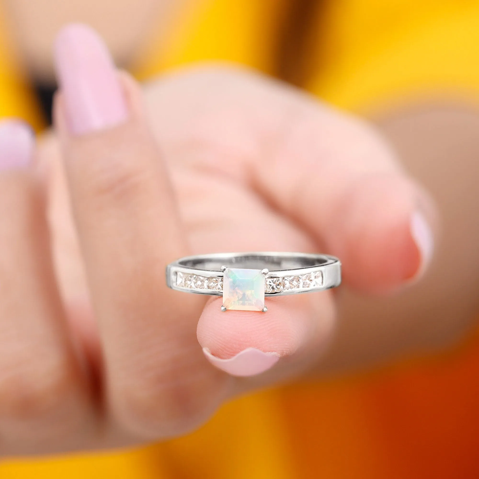 Princess Cut Ethiopian Opal Solitaire Ring with Diamond Side Stones