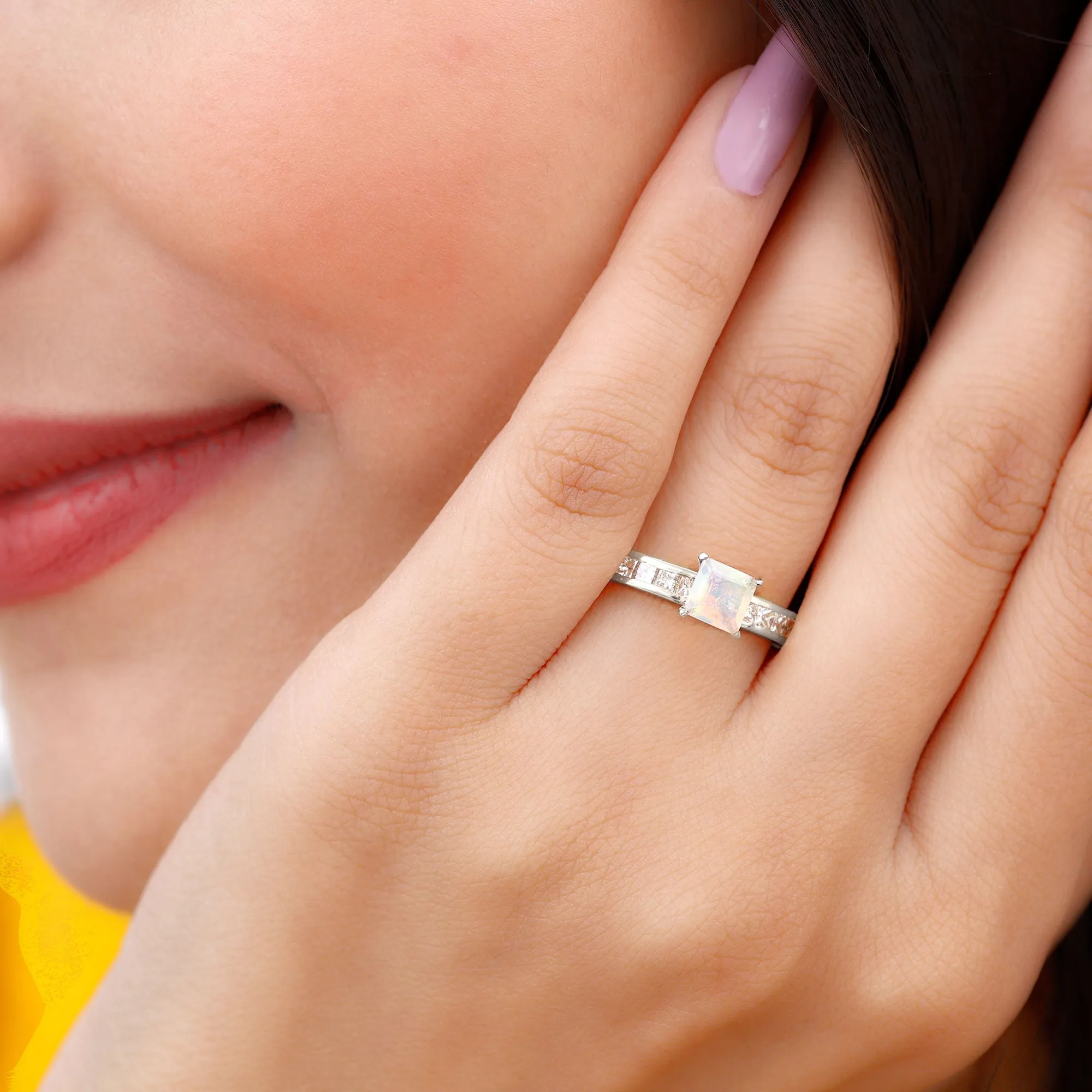 Princess Cut Ethiopian Opal Solitaire Ring with Diamond Side Stones