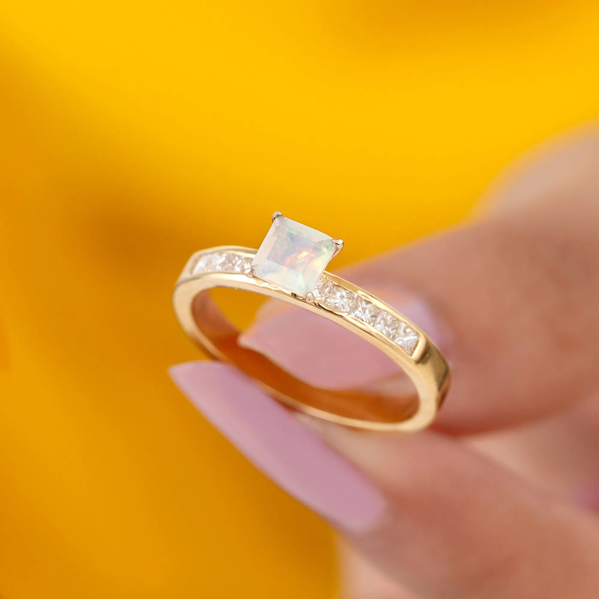Princess Cut Ethiopian Opal Solitaire Ring with Diamond Side Stones