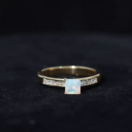 Princess Cut Ethiopian Opal Solitaire Ring with Diamond Side Stones