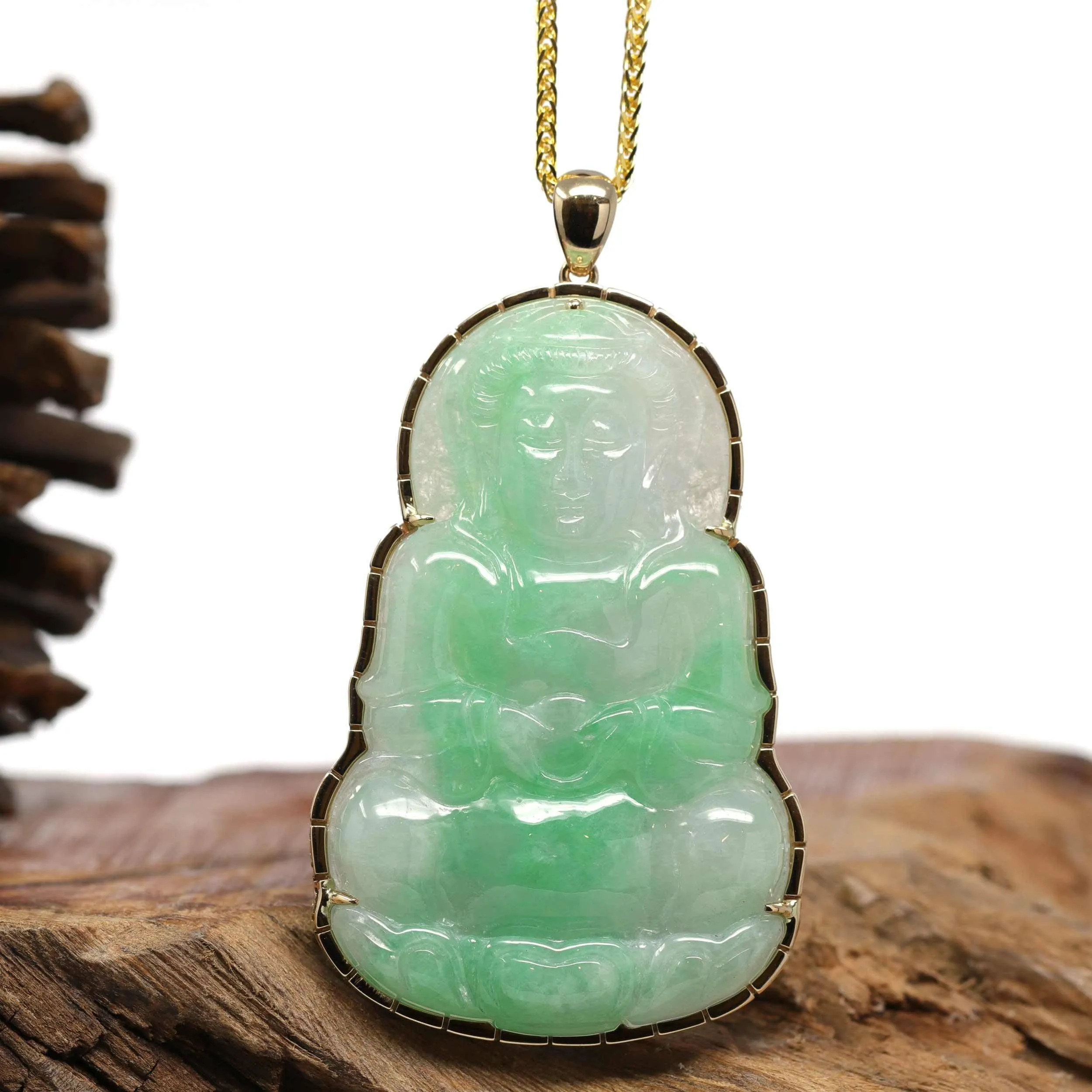 "Goddess of Compassion" 14k Yellow Gold Genuine Burmese Jadeite Jade Guanyin Necklace