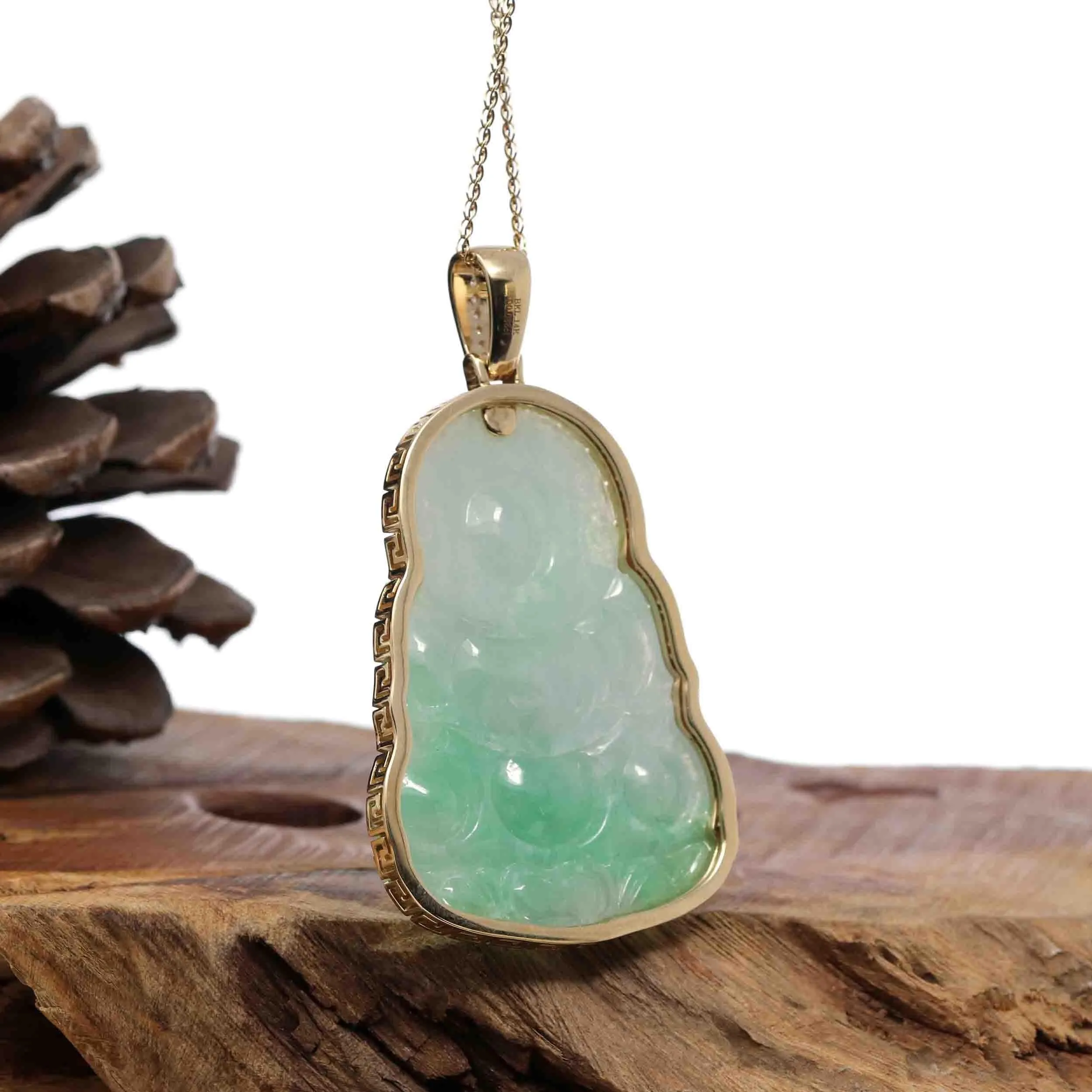 "Goddess of Compassion" 14k Yellow Gold Genuine Burmese Jadeite Jade Guanyin Necklace