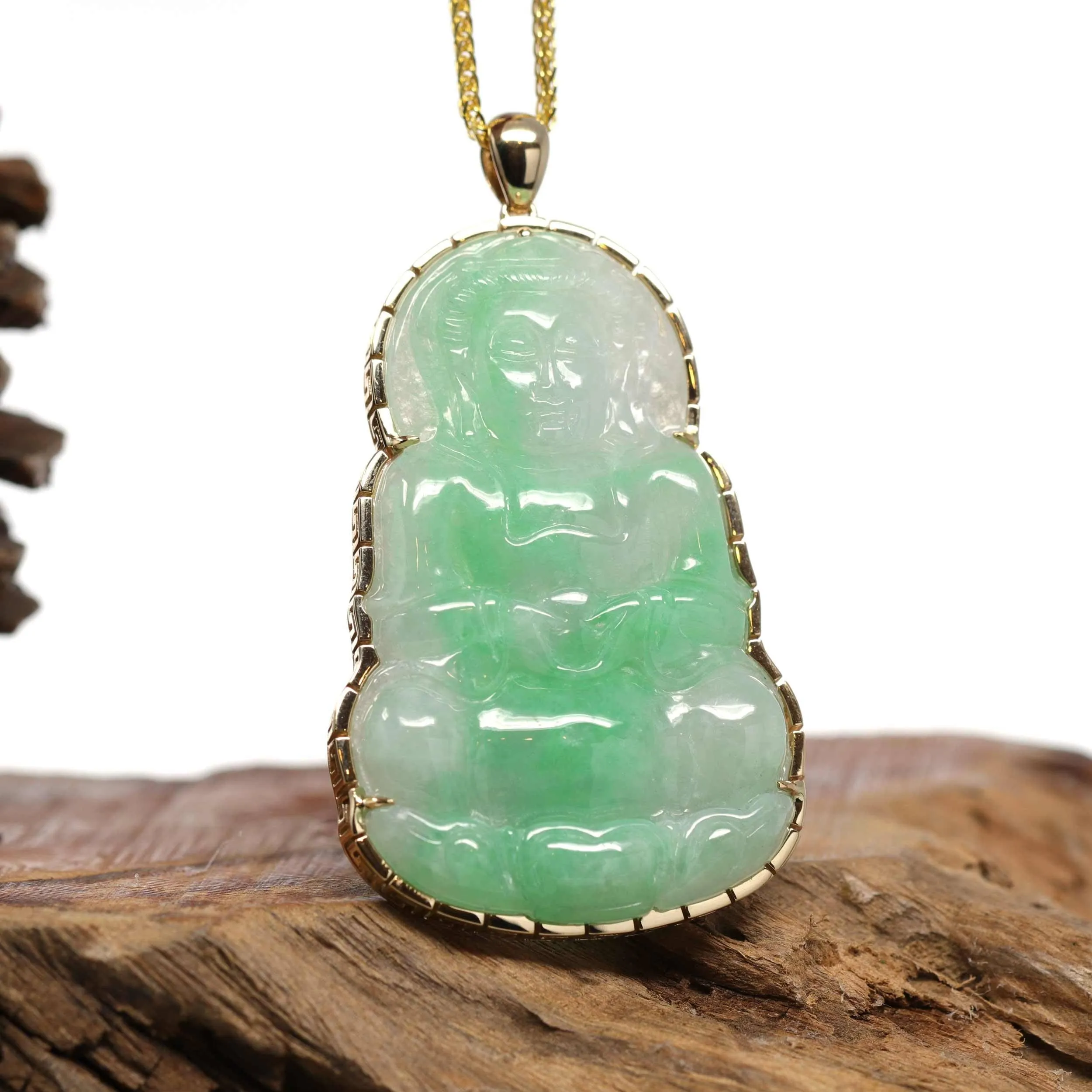 "Goddess of Compassion" 14k Yellow Gold Genuine Burmese Jadeite Jade Guanyin Necklace